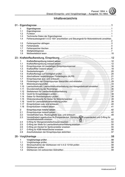 Passat (1994 - 1997) Passat-Passat Variant Reparaturanleitung Diesel-Einspritz- und Vorglühanlage