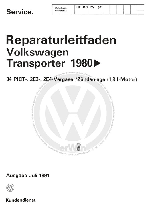 Typ 2 (1968 - 1979) Reparaturanleitung 34 PICT-, 2E3-, 2E4-Vergaser - Zündanlage (1 ,9-l-Motor) DF,DG,EY,SP