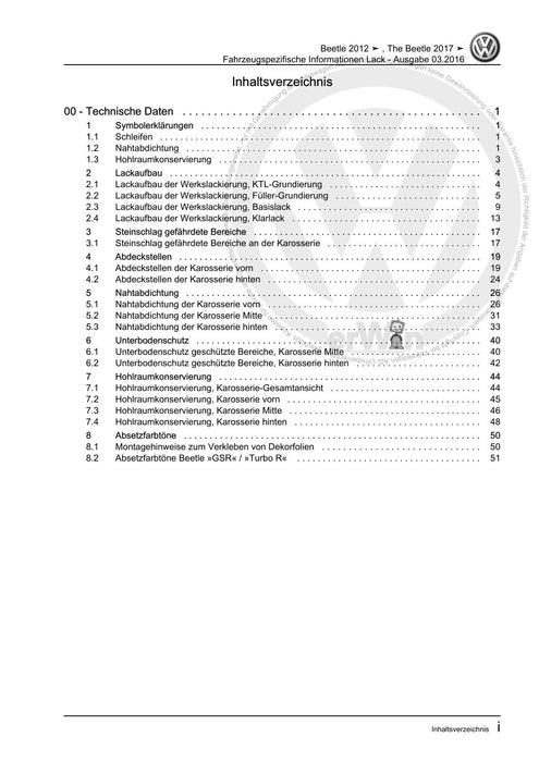 Beetle (2012+) NBL-NBC Reparaturanleitung Fahrzeugspezifische Informationen Lack