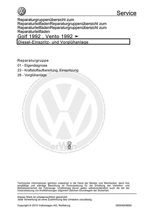 Golf III (1992 - 1999) Golf-Golf Variant-Vento Reparaturanleitung Diesel-Einspritz- und Vorglühanlage
