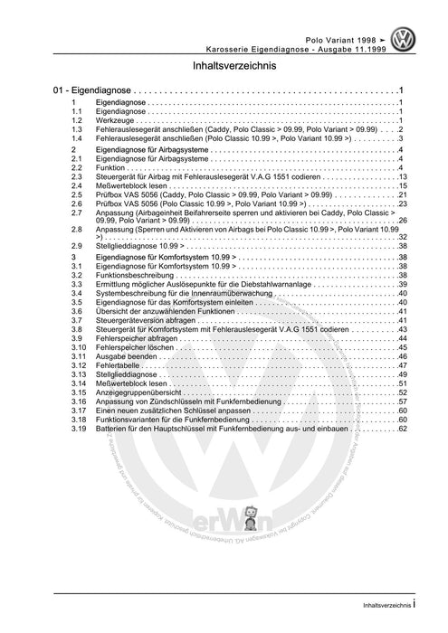 Caddy (1996 - 2003) Caddy Kasten-Kombi Reparaturanleitung Karosserie Eigendiagnose