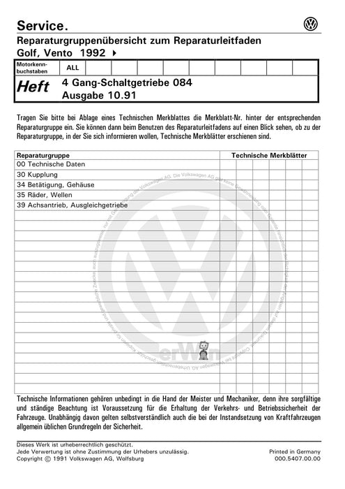 Golf III (1992 - 1999) Golf-Golf Variant-Vento Reparaturanleitung 4 Gang Schaltgetriebe s084 APY CDE