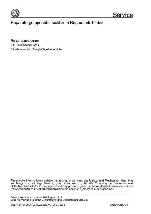 Arteon (2021+) Reparaturanleitung Kardanwelle und Achsantrieb hinten