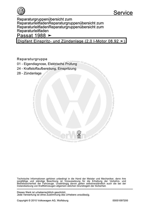 Passat (1988 - 1994) Passat-Passat Variant Reparaturanleitung Digifant Einspritz- und Zündanlage (2,0 l-Motor 08.92 ä)