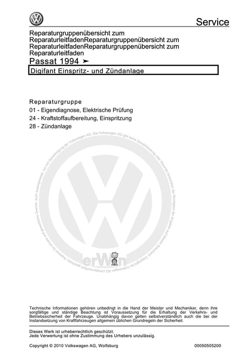 Passat (1994 - 1997) Passat-Passat Variant Reparaturanleitung Digifant Einspritz- und Zündanlage