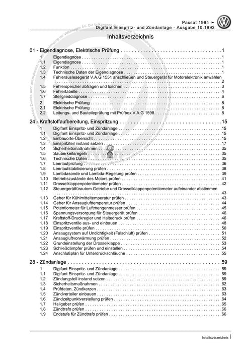 Passat (1994 - 1997) Passat-Passat Variant Reparaturanleitung Digifant Einspritz- und Zündanlage