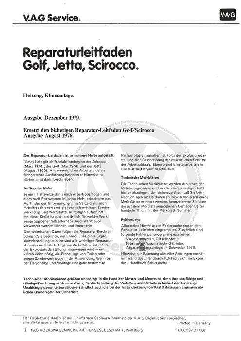 Golf I (1974 - 1984) Reparaturanleitung Heizung, Klimaanlage