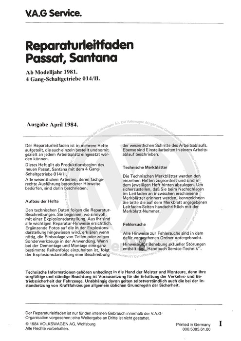 Passat (1982 - 1988) Passat-Santana Reparaturanleitung 4-Gang-Schaltgetriebe 014-II 04-1984