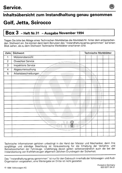Jetta (1980 - 1988) Jetta Maintenance handbook (IGG) Heft 31+Golf-Jetta-Scirocco ab 1986 Inland