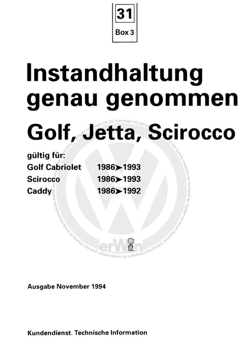 Jetta (1980 - 1988) Jetta Maintenance handbook (IGG) Heft 31+Golf-Jetta-Scirocco ab 1986 Inland