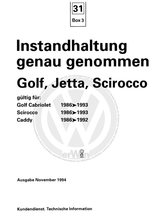 Jetta (1980 - 1988) Jetta Maintenance handbook (IGG) Heft 31+Golf-Jetta-Scirocco ab 1986 Inland