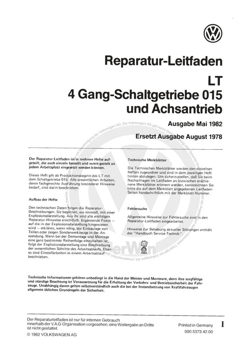 LT (1975 - 1996) Reparaturanleitung 4-Gang-Schaltgetriebe 015 und Achsantrieb