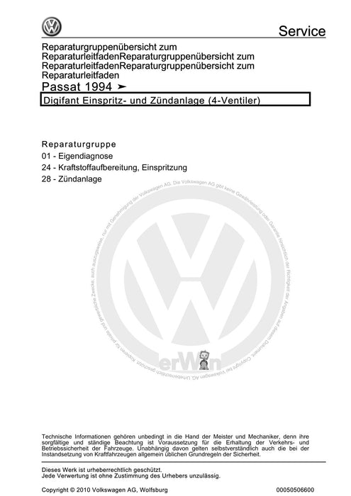 Passat (1994 - 1997) Passat-Passat Variant Reparaturanleitung Digifant Einspritz- und Zündanlage (4-Ventiler)