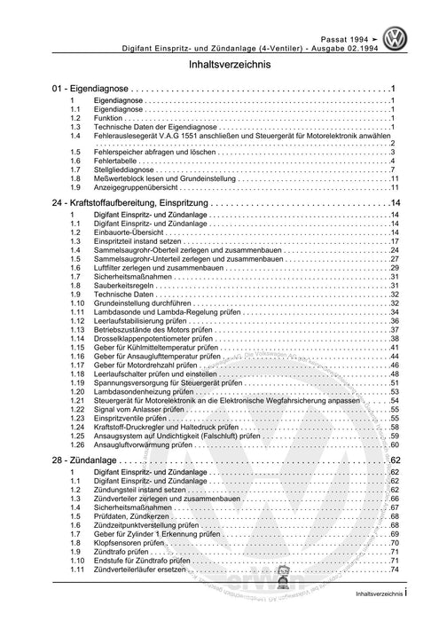 Passat (1994 - 1997) Passat-Passat Variant Reparaturanleitung Digifant Einspritz- und Zündanlage (4-Ventiler)