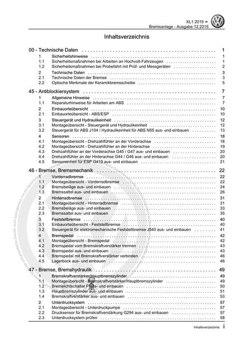 XL1 (2012+) Reparaturanleitung Bremsanlage
