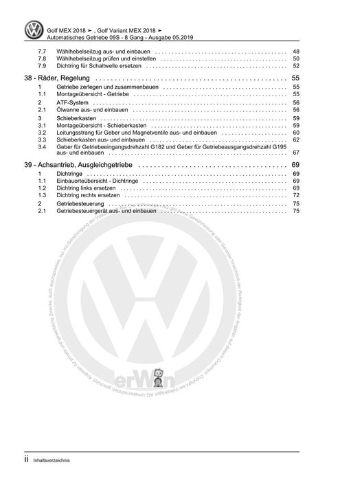 Golf VII (2013+2020)+Golf-Variant-Sportsvan Reparaturanleitung Automatisches Getriebe 09S - 8 Gang