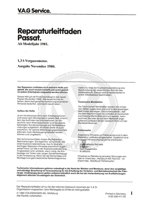 Passat (1982 - 1988) Passat-Santana Reparaturanleitung 1,3-l-Vergasermotor FY,FZ