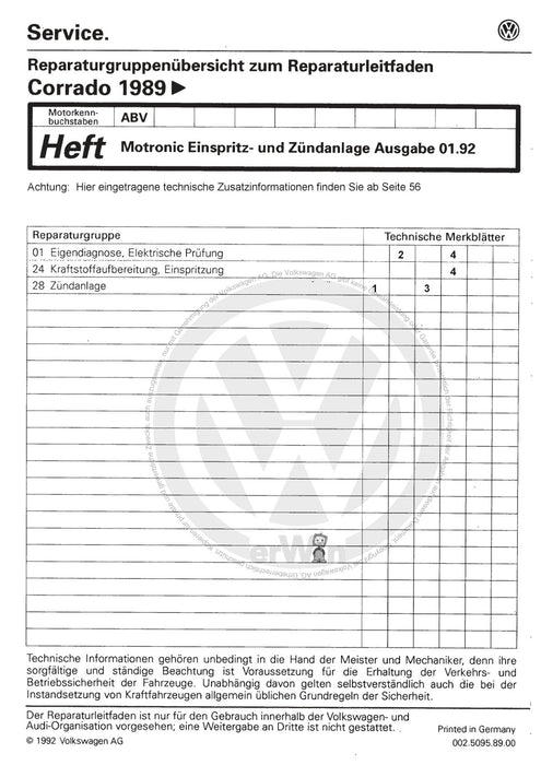 Corrado (1988 - 1995) Reparaturanleitung Motronic Einspritz- und Zündanlage ABV