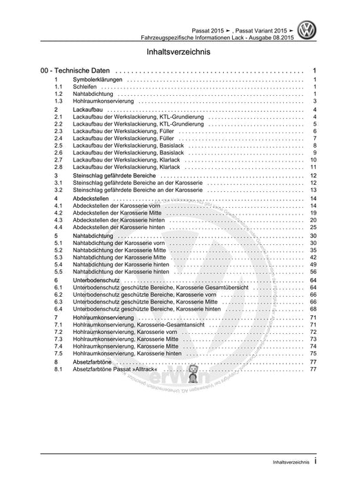 Passat (2011+) Passat-Passat Variant Reparaturanleitung Fahrzeugspezifische Informationen Lack