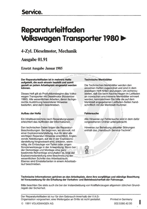 Typ 2 (1968 - 1979) Reparaturanleitung 4-Zylinder-Dieselmotor, Mechanik CS,JX,KY