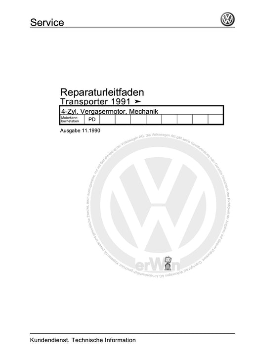 Transporter (1991 - 1996) Reparaturanleitung 4-Zyl. Vergasermotor, Mechanik