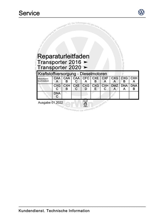 Transporter (2016+) Reparaturanleitung Kraftstoffversorgung - Dieselmotoren
