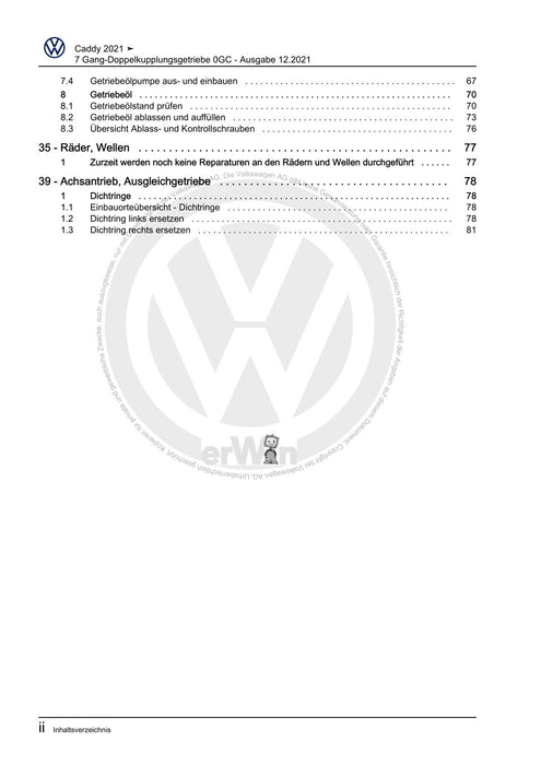 Caddy (2021+) Reparaturanleitung 7 Gang-Doppelkupplungsgetriebe 0GC