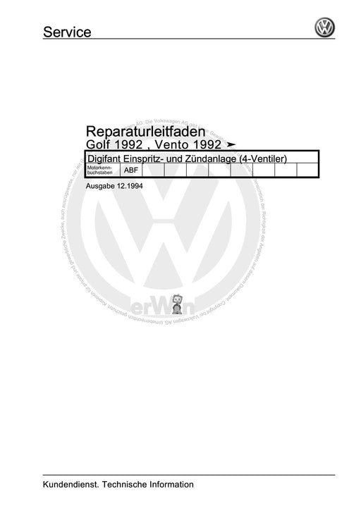 Golf III (1992 - 1999) Golf-Golf Variant-Vento Reparaturanleitung Digifant Einspritz- und Zündanlage (4-Ventiler)