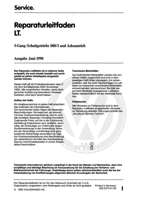 LT (1975 - 1996) Reparaturanleitung 5-Gang-Schaltgetriebe 008-I und Achsantrieb