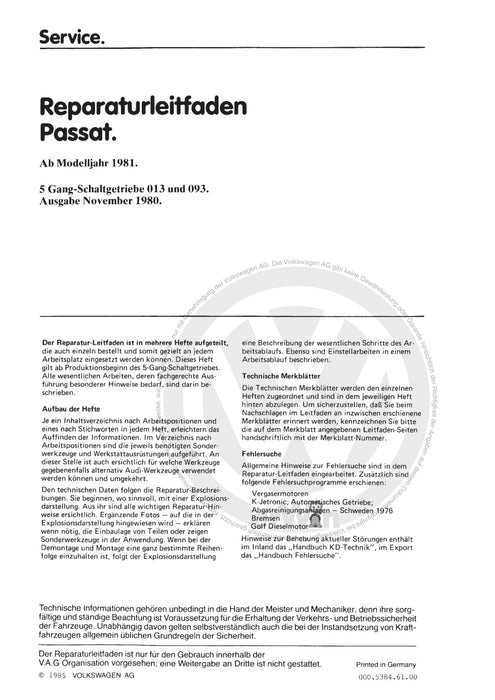 Passat (1974 - 1988) Passat-Passat Variant Reparaturanleitung 5-Gang-Schaltgetriebe 013-093