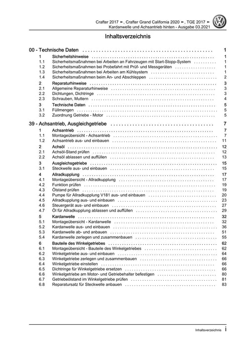 Crafter (2017+) Reparaturanleitung Kardanwelle und Achsantrieb hinten