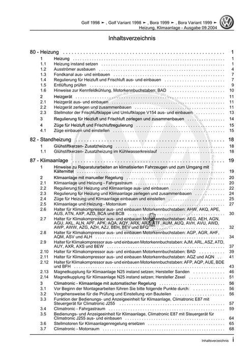 Golf IV (1998 - 2006) Golf-Golf Variant-Bora-Bora Variant Reparaturanleitung Heizung, Klimaanlage