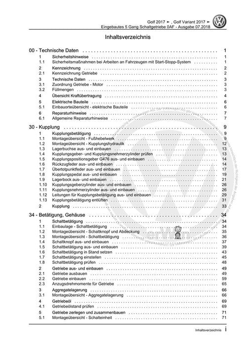 Golf VII (2013+2020)+Golf-Variant-Sportsvan Reparaturanleitung Eingebautes 5 Gang Schaltgetriebe 0AF