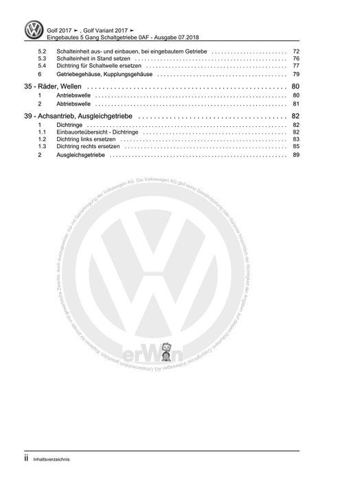 Golf VII (2013+2020)+Golf-Variant-Sportsvan Reparaturanleitung Eingebautes 5 Gang Schaltgetriebe 0AF