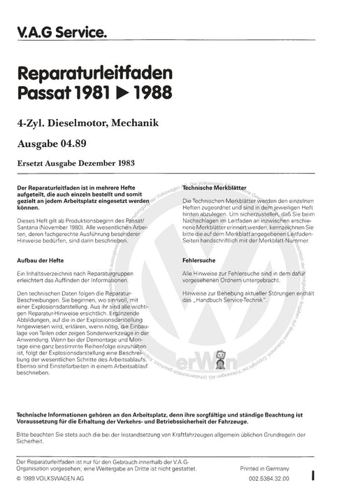 Passat (1982 - 1988) Passat-Santana Reparaturanleitung 4-Zylinder-Dieselmotor, Mechanik CR,CY,JK