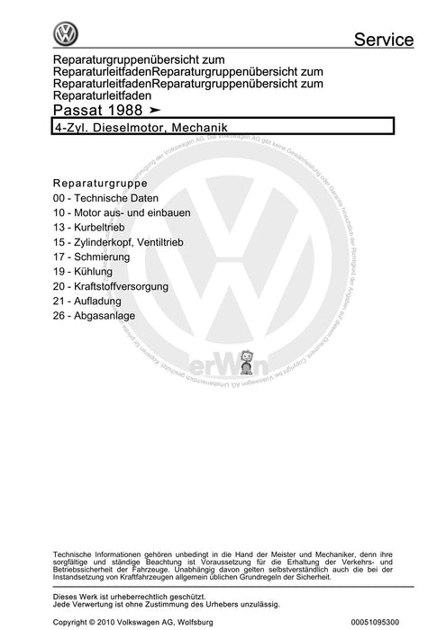 Passat (1988 - 1994) Passat-Passat Variant Reparaturanleitung 4-Zyl. Dieselmotor, Mechanik