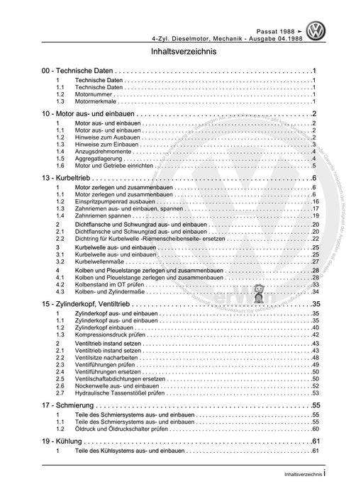 Passat (1988 - 1994) Passat-Passat Variant Reparaturanleitung 4-Zyl. Dieselmotor, Mechanik