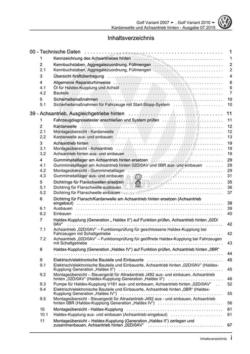 Golf V (2004 - 2007) Golf-Golf Variant-Golf Plus-Jetta Reparaturanleitung Kardanwelle und Achsantrieb hinten