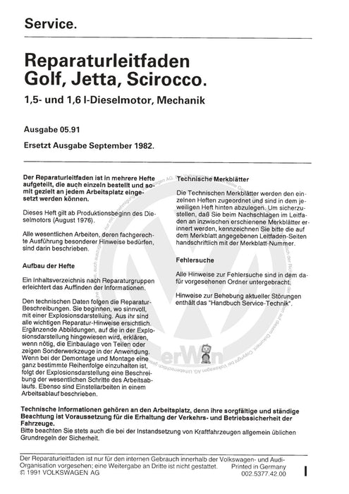 Jetta (1980 - 1988) Jetta Reparaturanleitung 1,5- und 1,6-l-Dieselmotor, Mechanik CK,CR,CY,JK