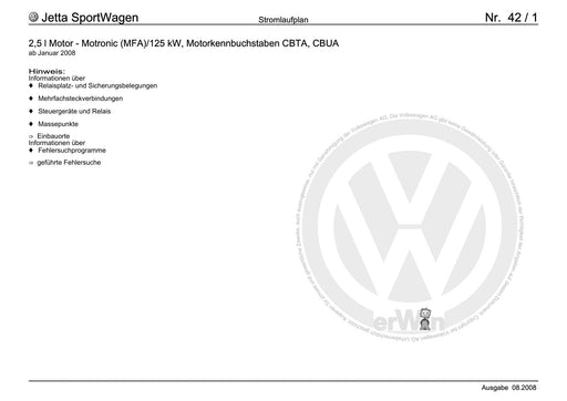 Golf V (2004 - 2007) Golf-Golf Variant-Golf Plus-Jetta Stromlaufplan 2,5 l Motor - Motronic (MFA)-125 kW, Motorkennbuchstaben CBUA, ab Januar 2008