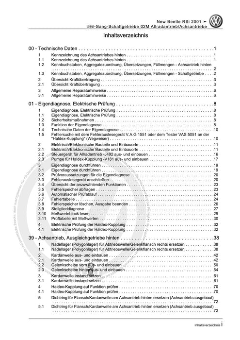 Beetle (1998 - 2010) New Beetle-Cabrio Reparaturanleitung 5-6-Gang-Schaltgetriebe 02M Allradantrieb-Achsantriebe