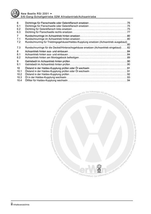 Beetle (1998 - 2010) New Beetle-Cabrio Reparaturanleitung 5-6-Gang-Schaltgetriebe 02M Allradantrieb-Achsantriebe