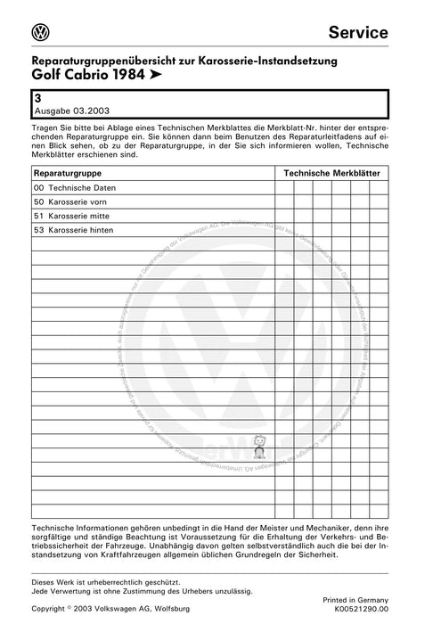 Golf Cabriolet (1994 - 2002) Reparaturanleitung Karosserie-Instandsetzung