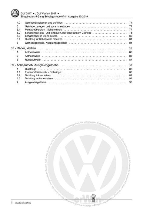 Golf VII (2013+2020)+Golf-Variant-Sportsvan Reparaturanleitung Eingebautes 5 Gang-Schaltgetriebe 0A4
