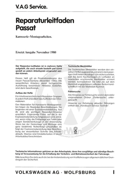Passat (1974 - 1988) Passat-Passat Variant Reparaturanleitung Karosserie-Montagearbeiten