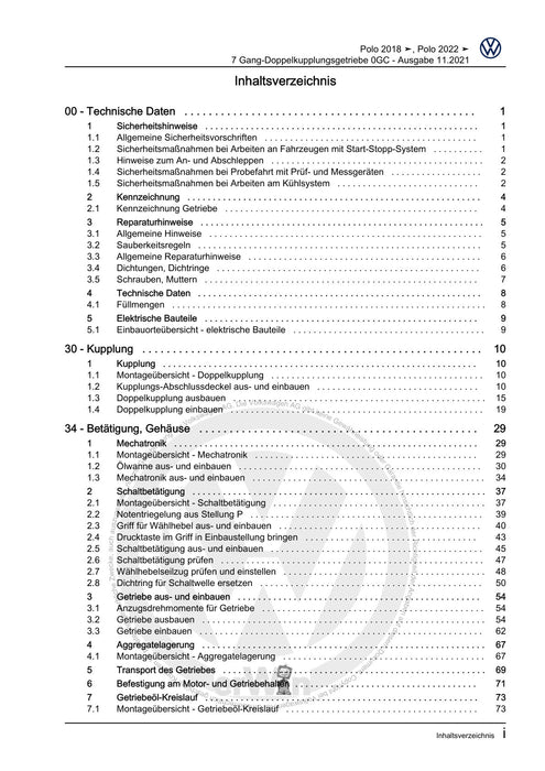 Polo 2022 Reparaturanleitung 7 Gang-Doppelkupplungsgetriebe 0GC