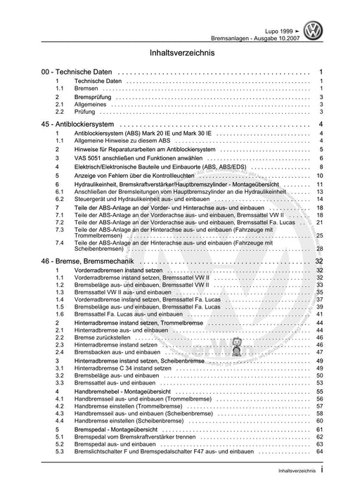 Lupo (1998 - 2006) Reparaturanleitung Bremsanlagen