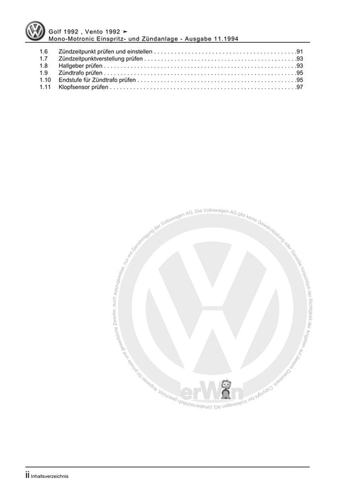 Golf III (1992 - 1999) Golf-Golf Variant-Vento Reparaturanleitung Mono-Motronic Einspritz- und Zündanlage