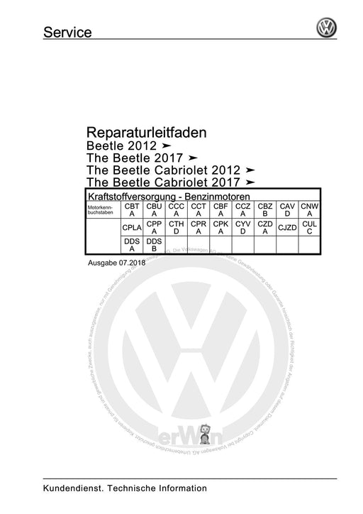 Beetle (2012+) NBL-NBC Reparaturanleitung Kraftstoffversorgung - Benzinmotoren