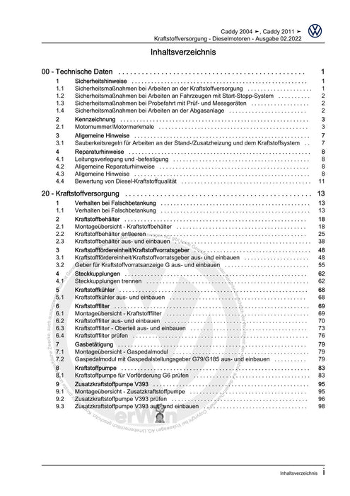 Caddy (2004 - 2010) Caddy-Caddy Kombi Reparaturanleitung Kraftstoffversorgung - Dieselmotoren